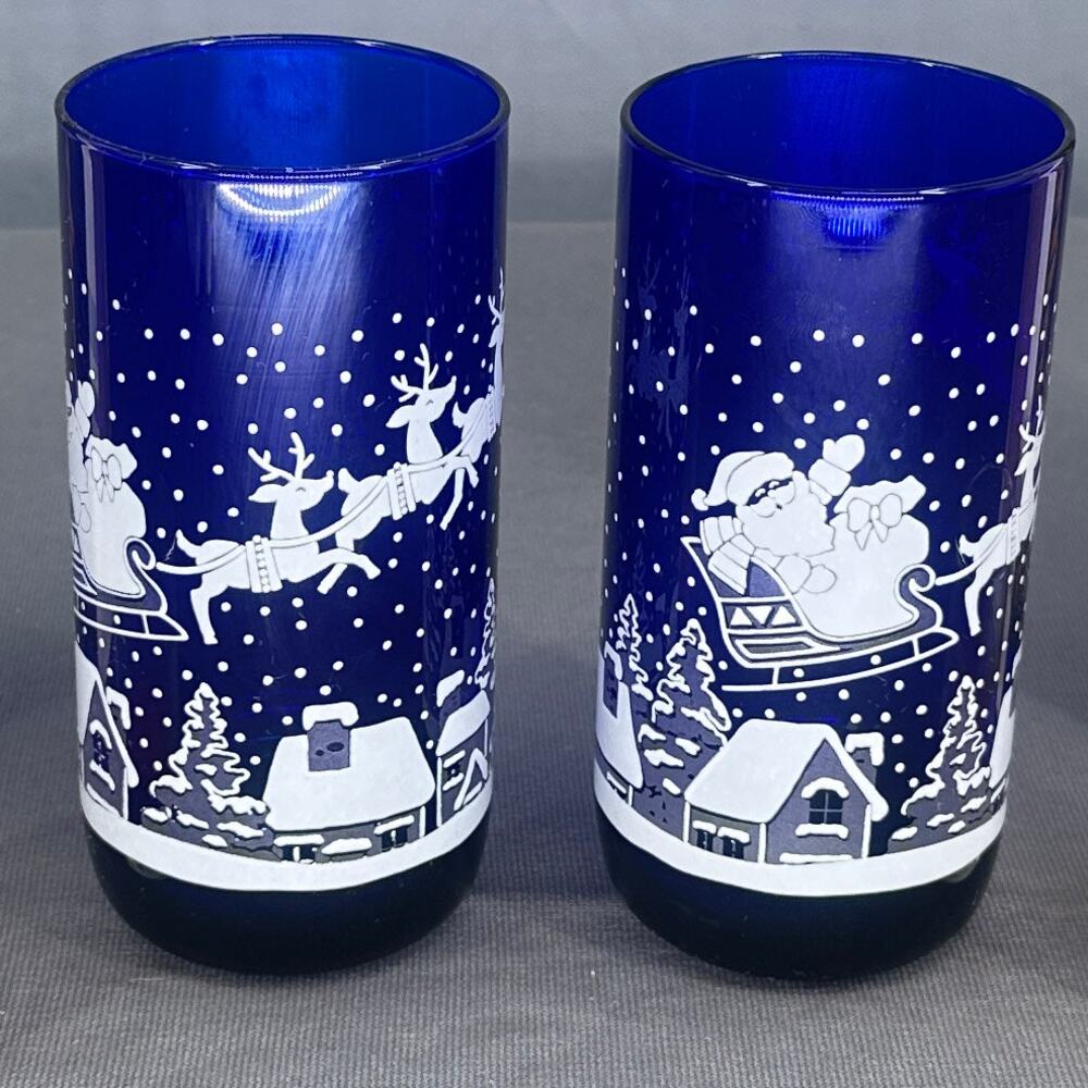 VTG Libbey Cobalt Blue Luminations Candle Holder Set Santa Sleigh Christmas Glow